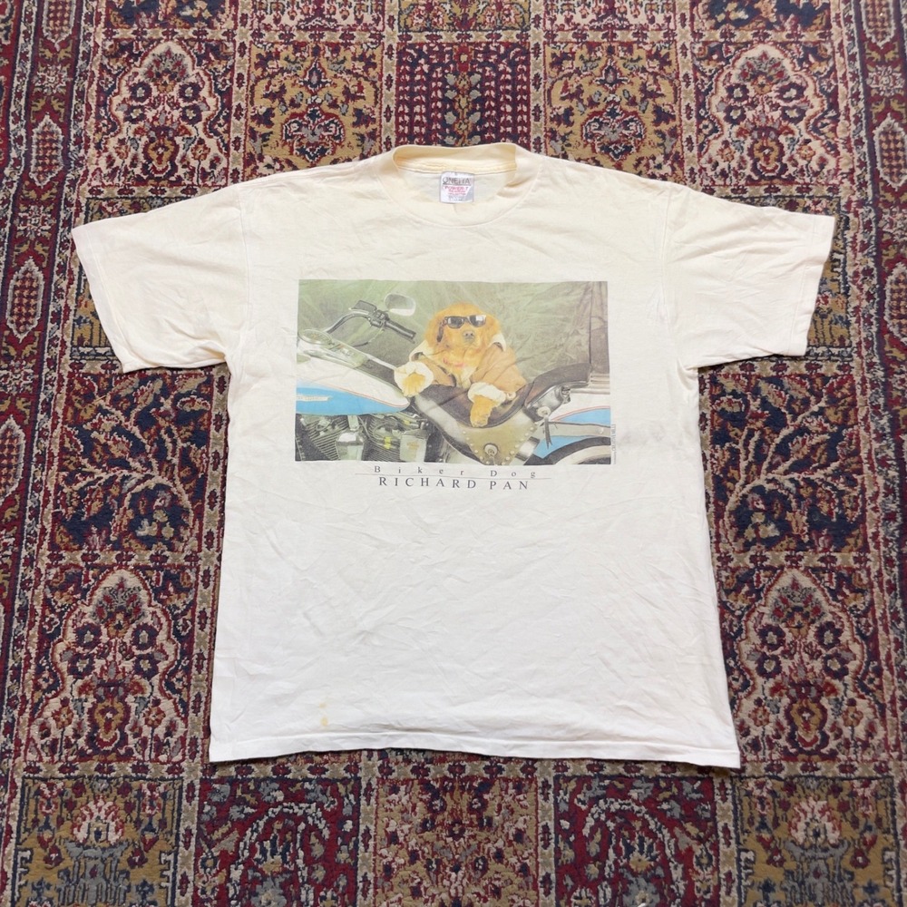 VTG 90s Oneita Biker Dog Richard Pan Harley Davidson T-Shirt Cream L USA Funny